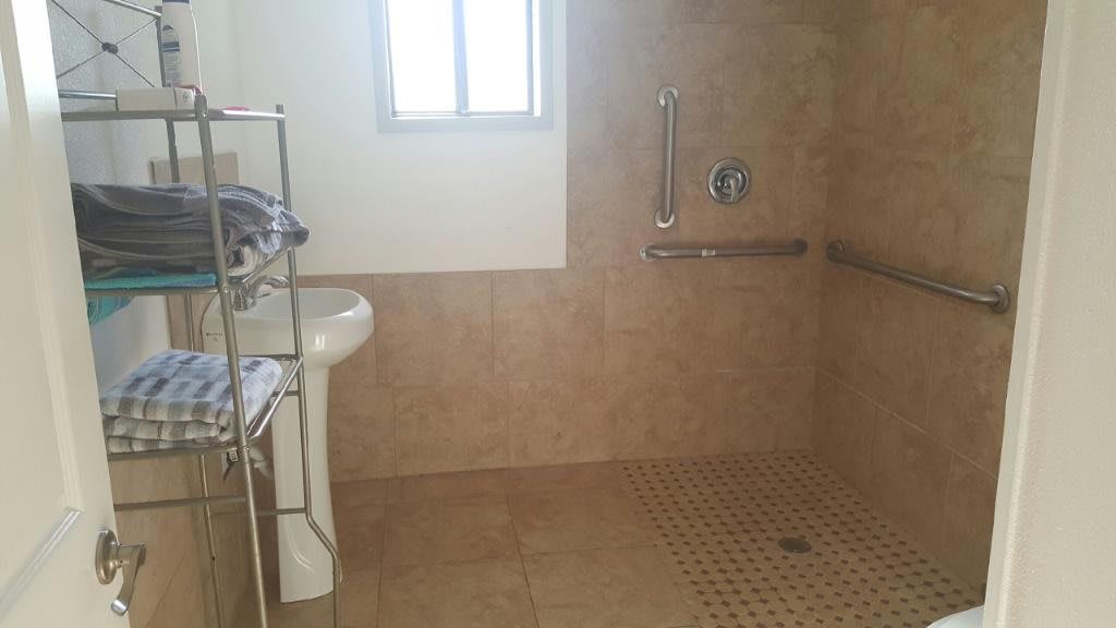 An accessible bathroom with a walk-in shower and grab bars.