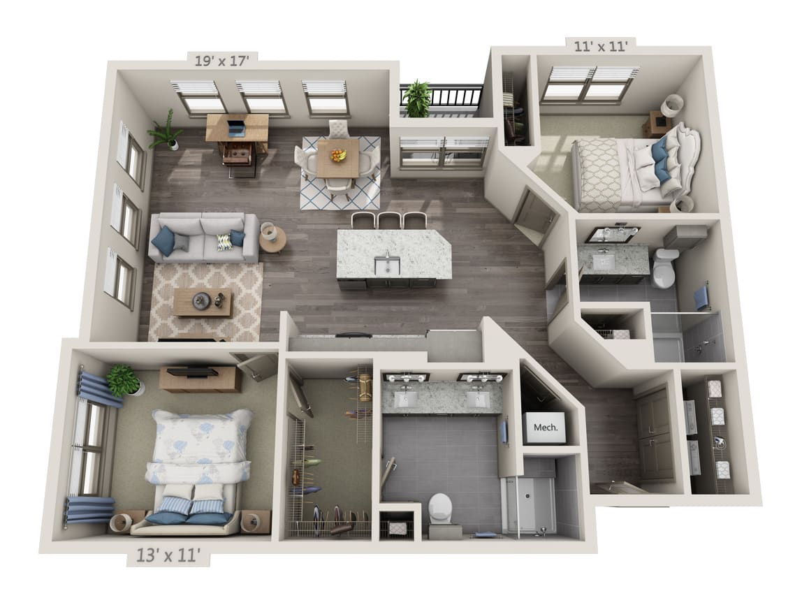 A 3D floor plan of an apartment showcasing two bedrooms, a kitchen, living area, and bathrooms.