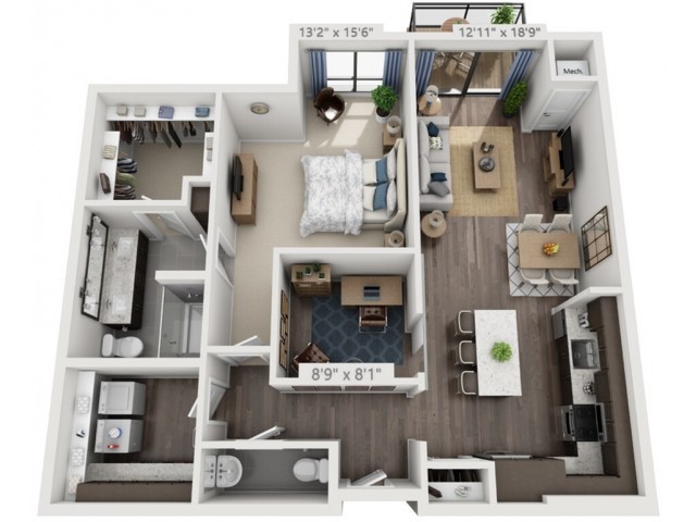 A modern apartment floor plan featuring a bedroom, living room, kitchen, and bathroom.