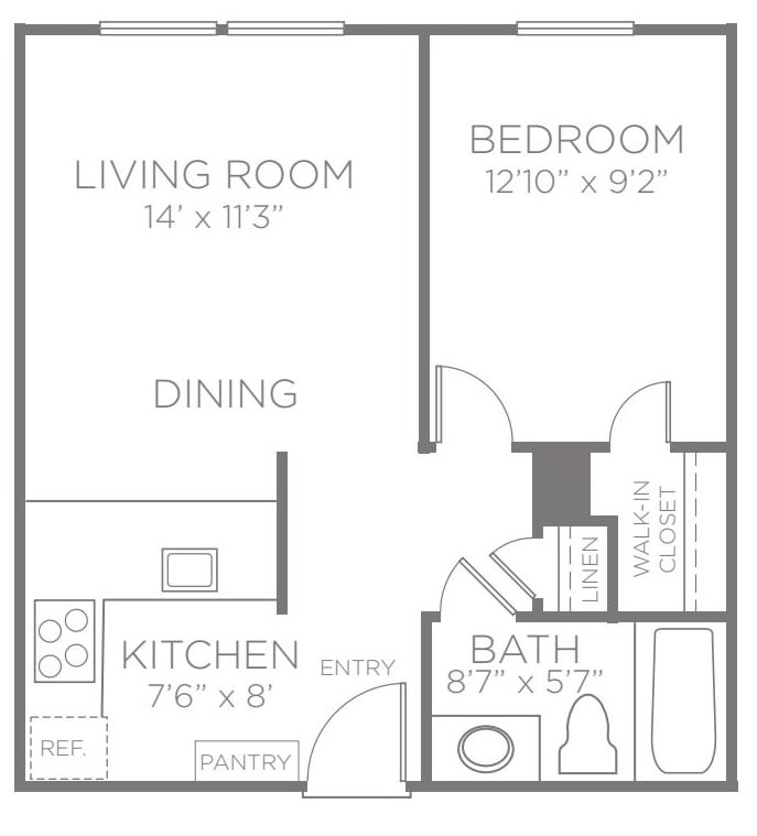 A floor plan of a one-bedroom apartment featuring a living room, kitchen, and bathroom.