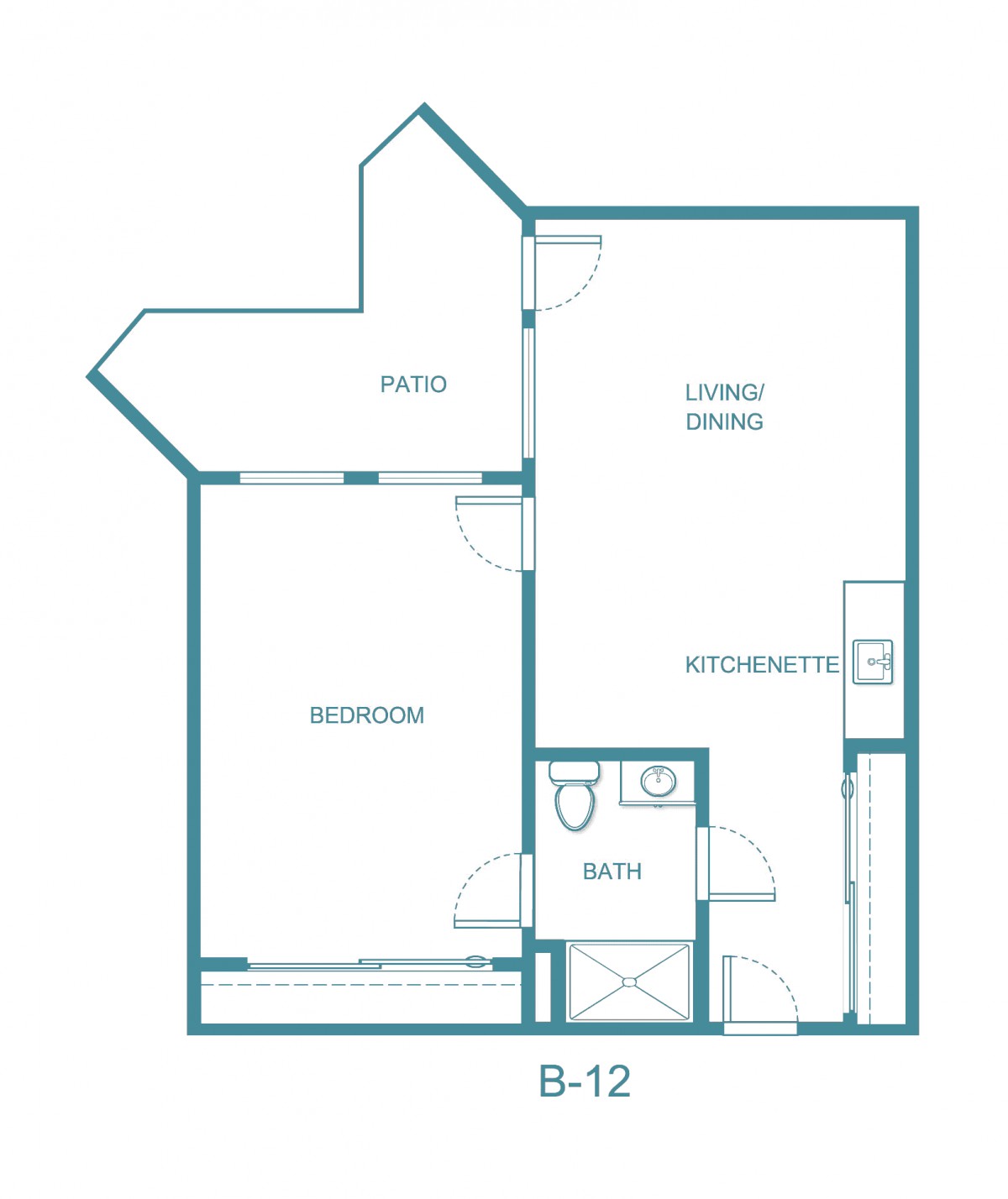 A one-bedroom apartment floor plan with labeled areas including a patio, living/dining area, kitchen, bathroom, and bedroom.