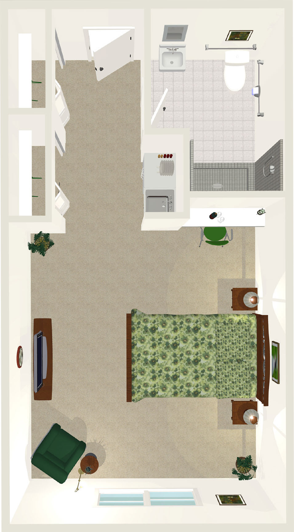 A digital floor plan of a bedroom with furniture and decor.