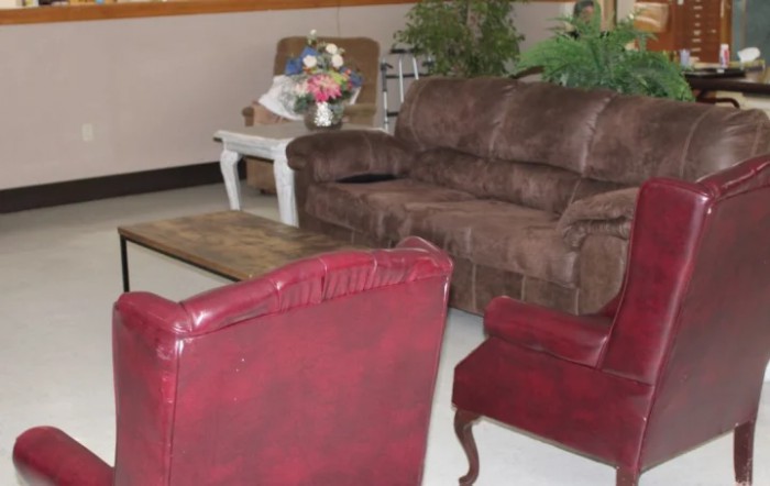 A cozy living room with a brown couch, red chairs, and a coffee table surrounded by indoor plants.