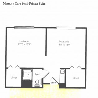 Floor plan of a memory care suite with two bedrooms and shared facilities.