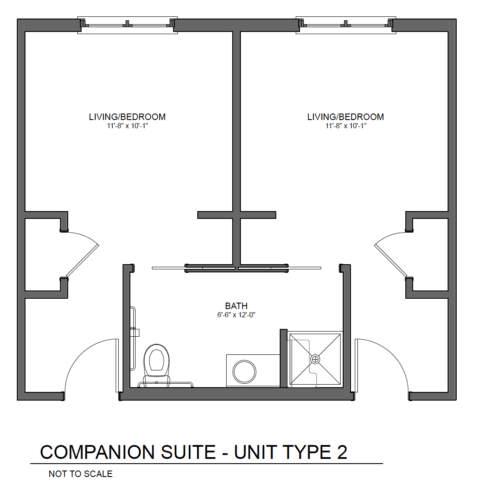 Companion Suite Floor Plan - Unit Type 2 with two living areas and a shared bathroom.