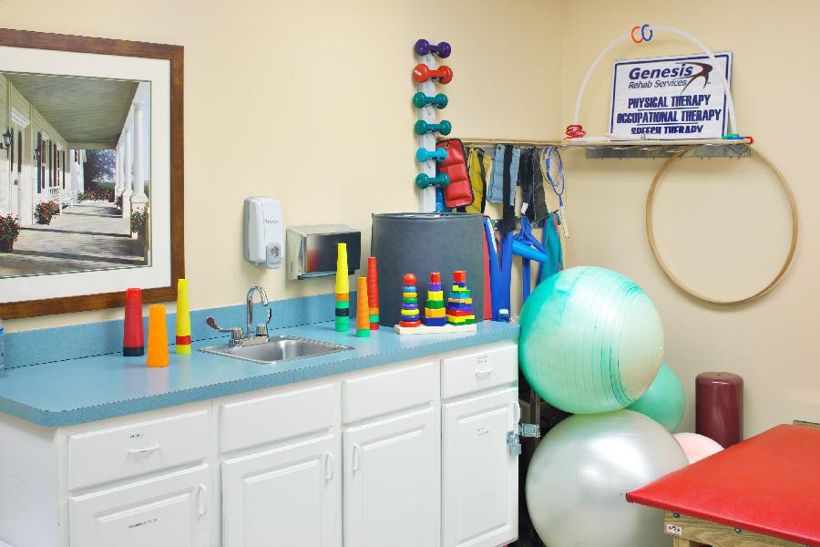 A physical therapy room with various exercise equipment, including therapy balls and dumbbells.