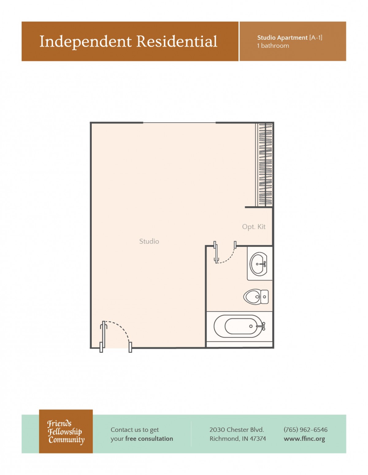 Studio apartment floor plan with a bathroom and kitchen area.