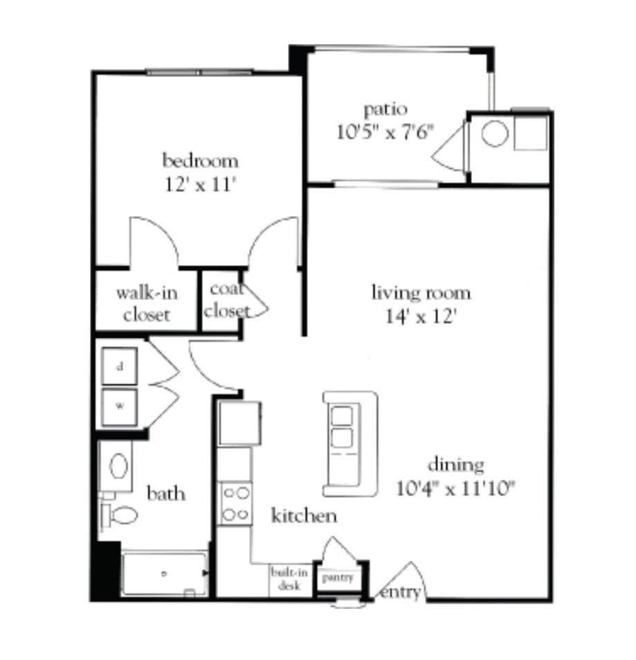 A floor plan of a one-bedroom apartment with a living room, dining area, kitchen, bathroom, and walk-in closet.