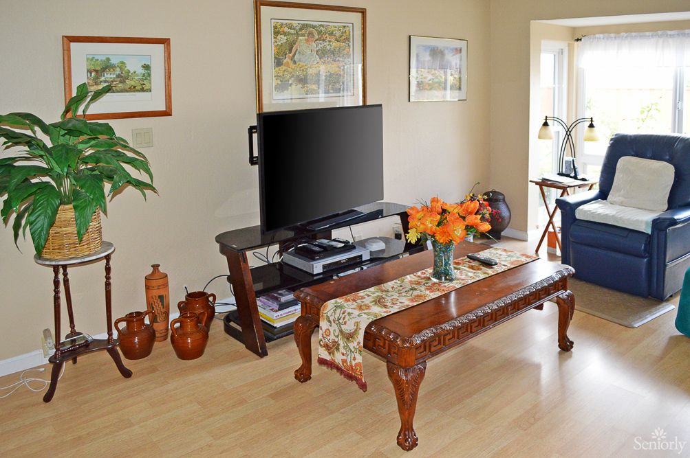 A cozy living room featuring a television on a stand, a wooden coffee table adorned with flowers, and decorative vases and artwork.