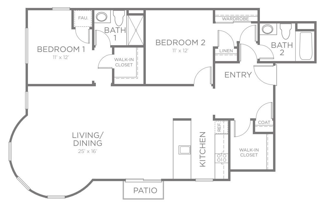 A blueprint of an apartment with two bedrooms, a bathroom, kitchen, living/dining area, and patio.