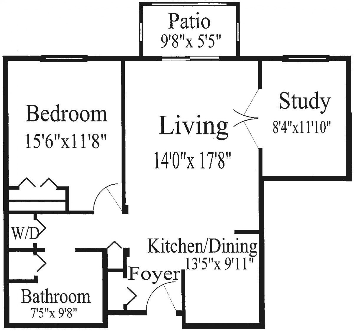 A floor plan of an apartment with labeled rooms including a bedroom, living room, study, kitchen/dining area, bathroom, and patio.