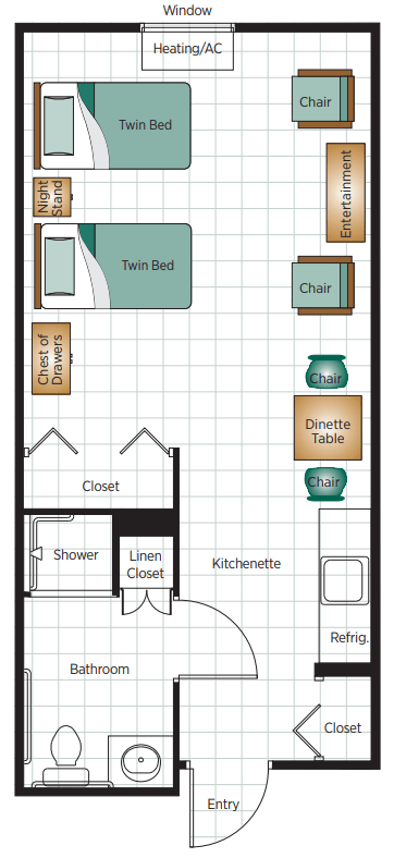 A floor plan of a bedroom featuring a twin bed, desk, chair, closet, and kitchenette.