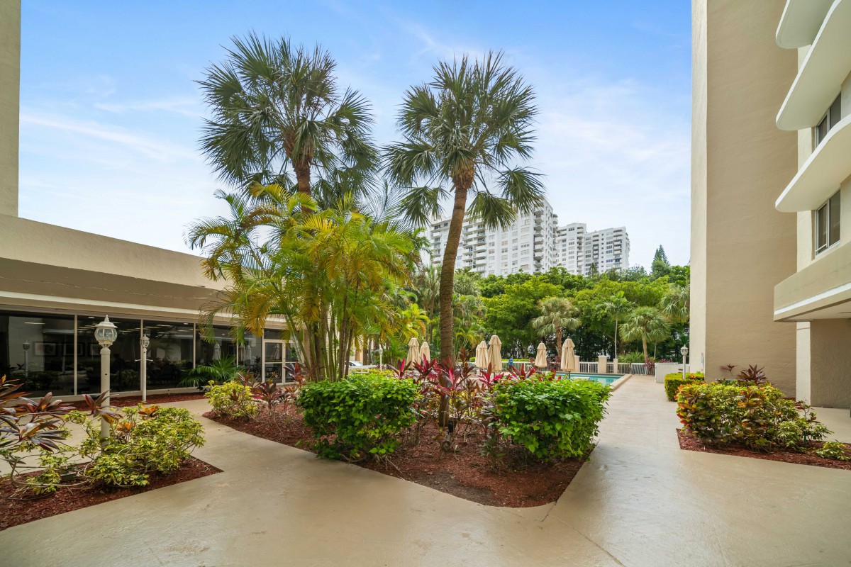 A sunny garden area with palm trees and a walkway surrounded by lush greenery, with buildings in the background.