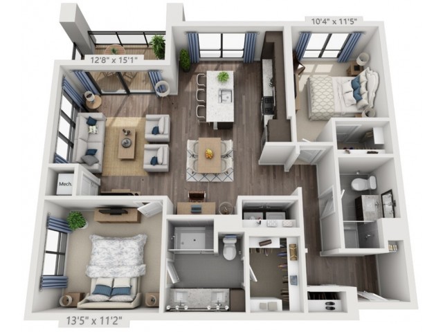 A detailed floor plan of a modern two-bedroom apartment featuring a spacious living room, kitchen, and bathroom.