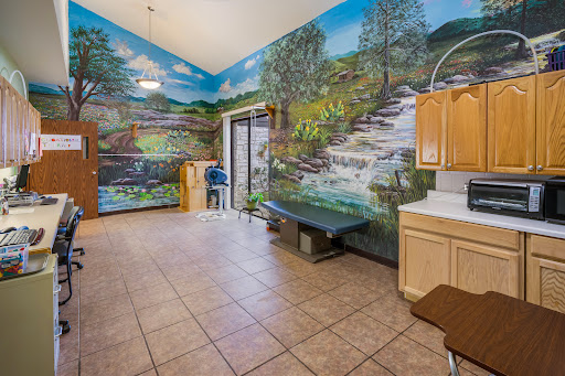 A spacious room featuring a vibrant nature mural, complete with a kitchenette and tiled flooring.