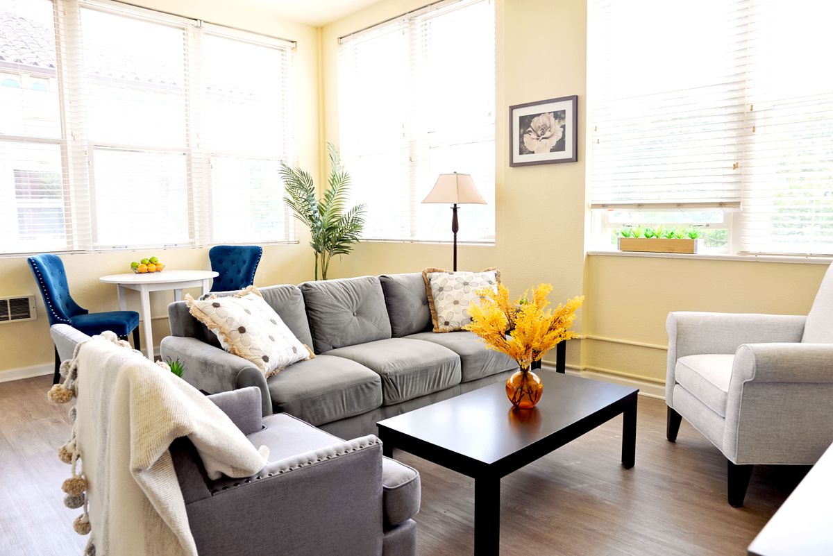 A bright and modern living room with a gray sofa and coffee table, complemented by decorative accents and large windows.