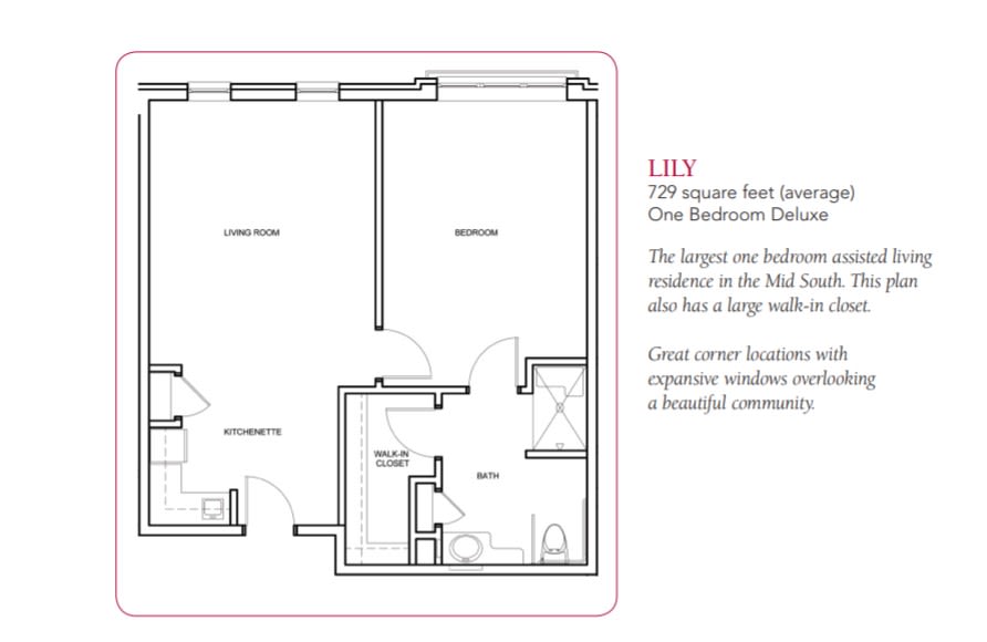 Floor plan of a one-bedroom apartment with a spacious layout and corner location.
