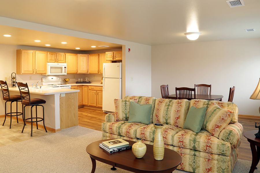A cozy open-plan apartment with a living room, dining area, and a kitchen with wooden cabinetry.