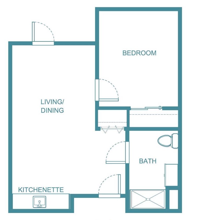 A simple floor plan depicting a studio apartment with a living/dining area, kitchenette, bedroom, and bathroom.