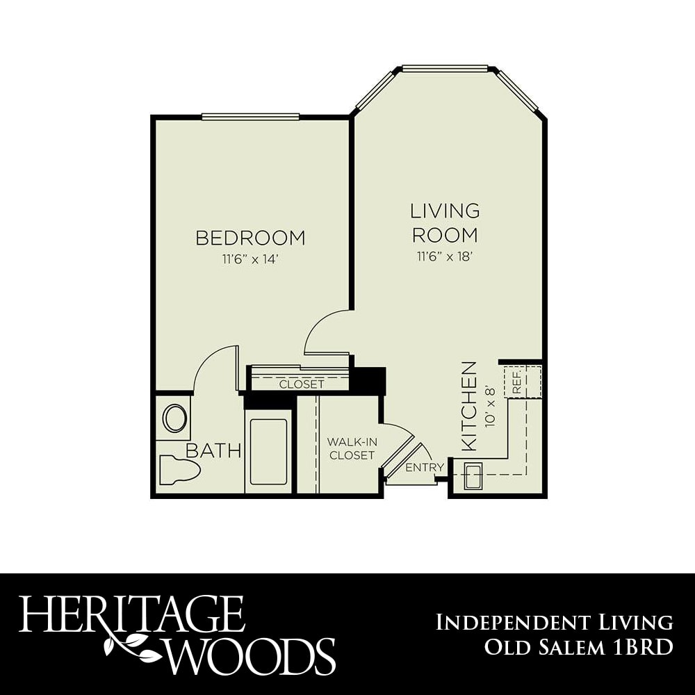 One-bedroom apartment floor plan at Heritage Woods Independent Living.
