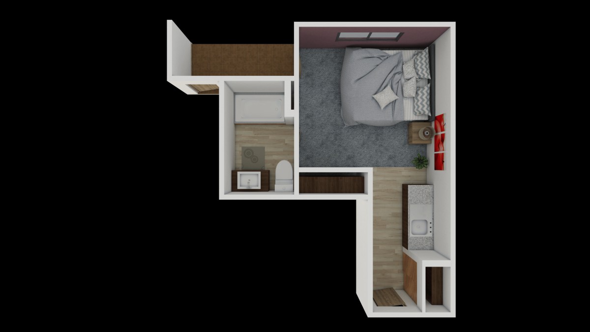 A compact apartment floor plan featuring a bedroom and bathroom.
