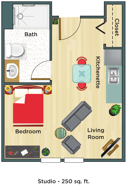 A one-bedroom apartment floor plan with a living room, kitchenette, bathroom, and bedroom.