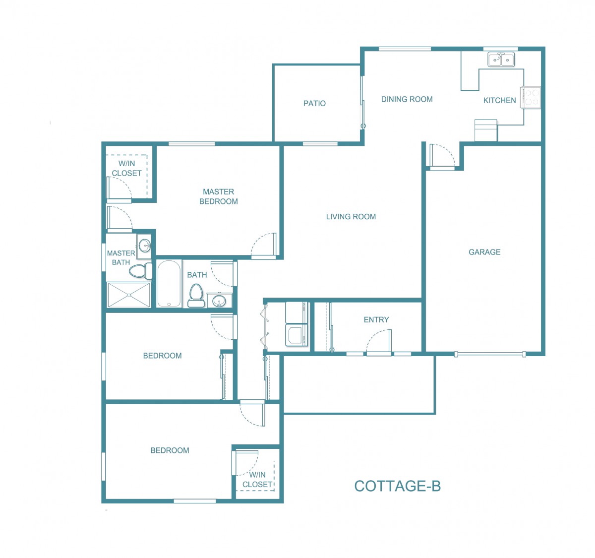 Blueprint layout of a cottage featuring multiple rooms and amenities.