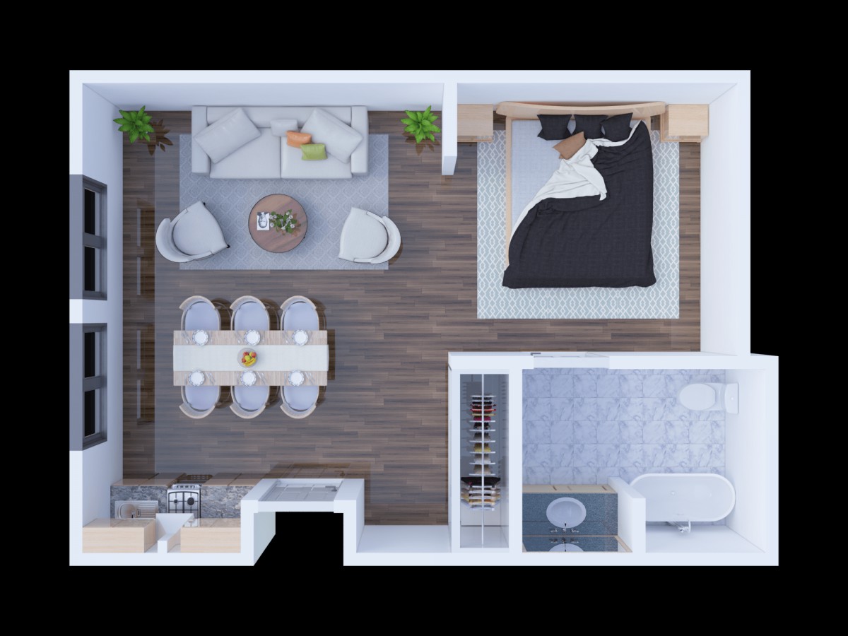 A modern apartment floor plan featuring a bedroom, living room, dining area, kitchen, and bathroom.
