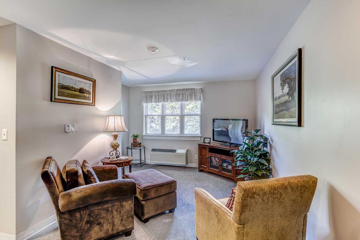 A cozy living room with plush seating, a television, and decorative elements.