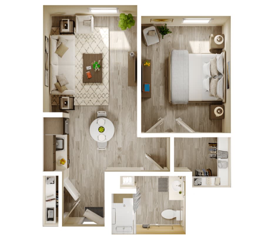 A cozy one-bedroom apartment floor plan featuring a living room, kitchen, bathroom, and bedroom.