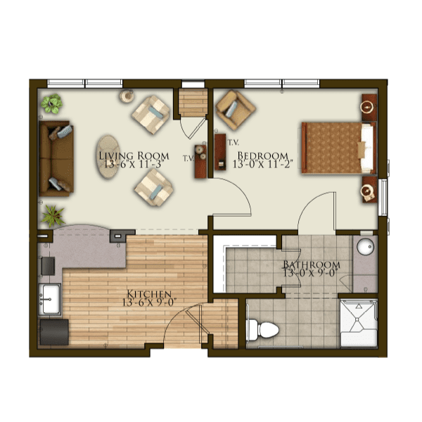 A detailed floor plan of a small apartment showing the arrangement of rooms including a living area, kitchen, bathroom, and bedroom.