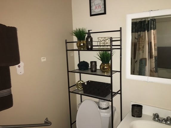 A neatly organized bathroom with a metal shelf over the toilet, featuring decorative plants and accessories.