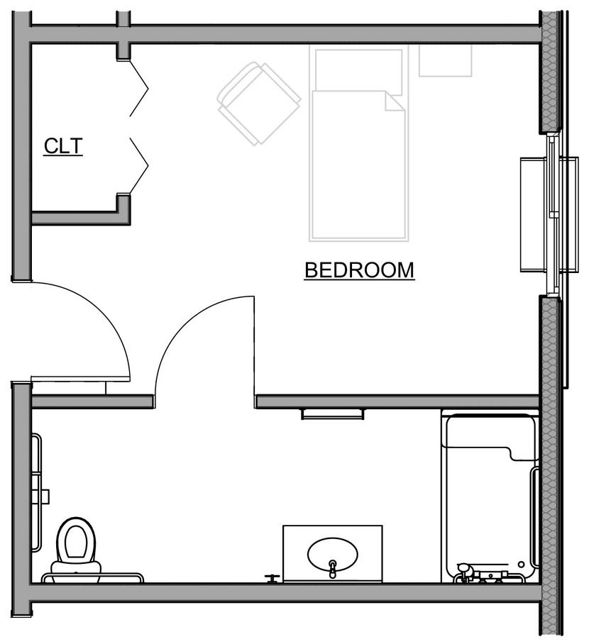 A simple floor plan featuring a bedroom, closet, and bathroom.