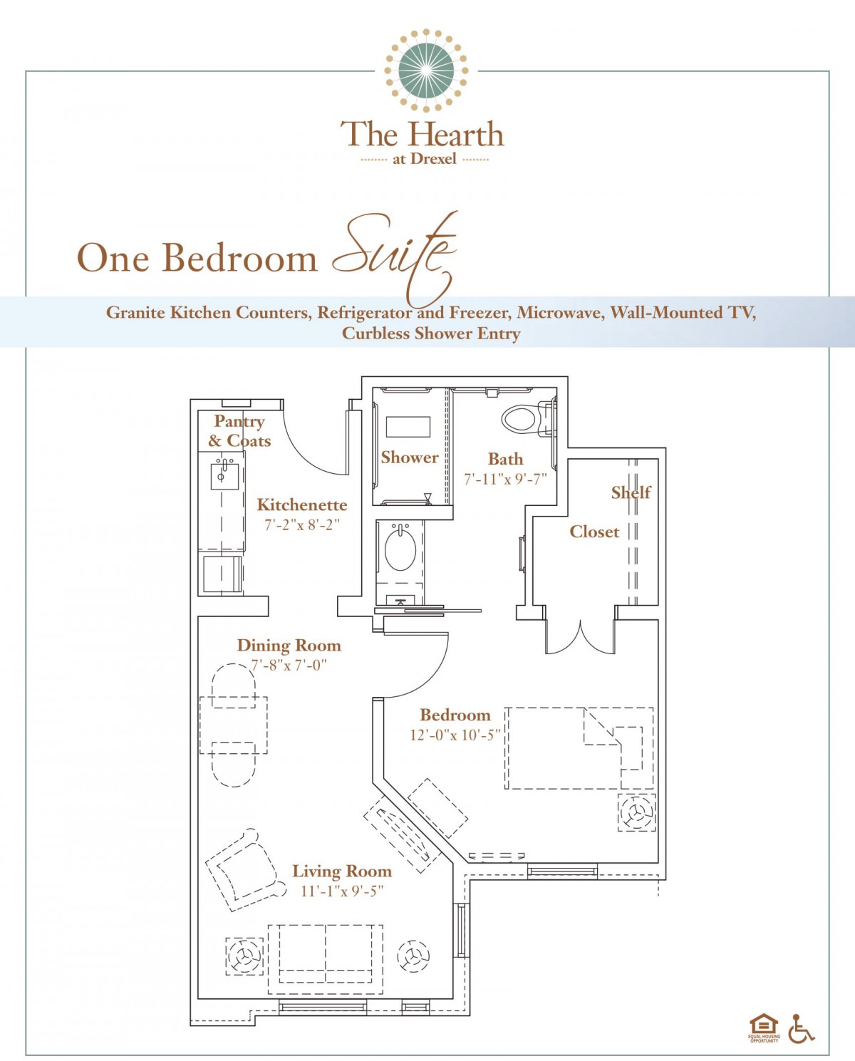 Floor plan of a one-bedroom suite with designated living, dining, and kitchen areas.