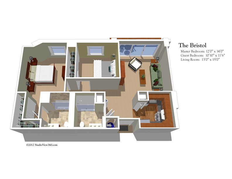 3D floor plan of a two-bedroom apartment layout.