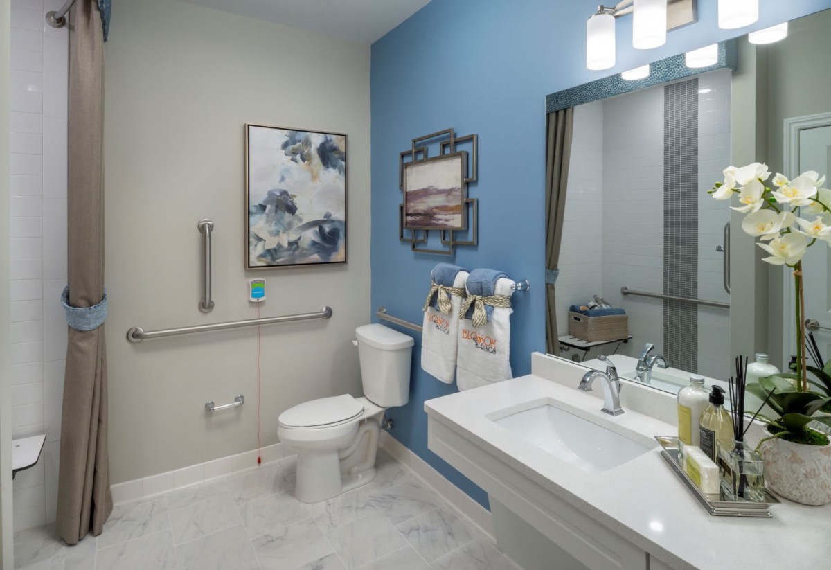 A modern bathroom with blue accent wall, featuring a sink, mirror, and artwork.