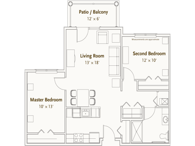 A floor plan of a two-bedroom apartment featuring a living room, kitchen, patio/balcony, master bedroom, and second bedroom.