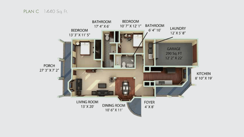 3D floor plan of an apartment featuring multiple bedrooms, bathrooms, living area, dining room, kitchen, and laundry space.