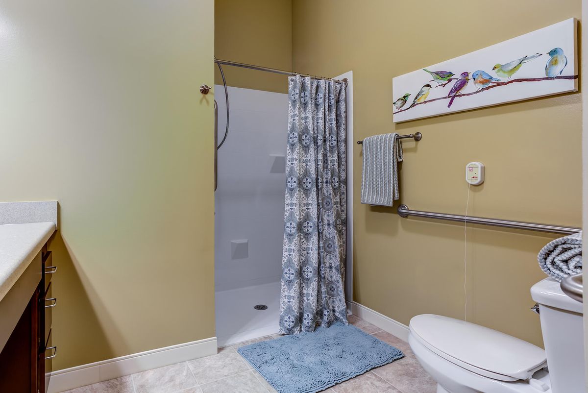 A bathroom featuring a walk-in shower with a patterned curtain, a toilet, and a towel rack on the wall.