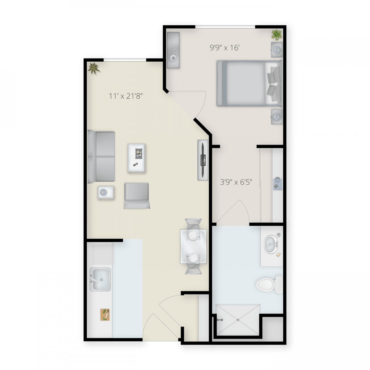 A floor plan of a one-bedroom apartment featuring a kitchen, living area, bathroom, and bedroom.