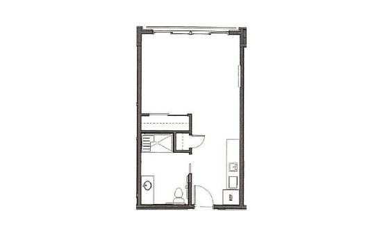 A floor plan of a compact studio apartment layout.