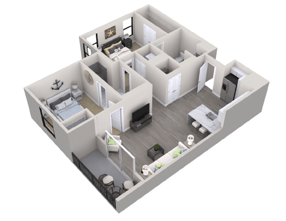 3D floor plan of a modern apartment with an open concept design.