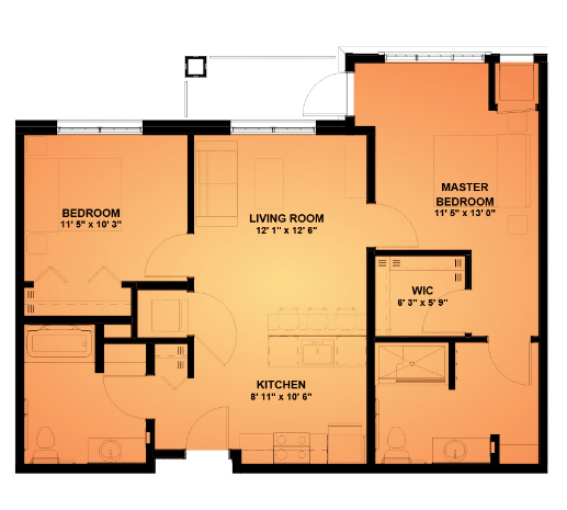 A detailed floor plan of an apartment showing various rooms including a master bedroom, bedroom, living room, and kitchen.