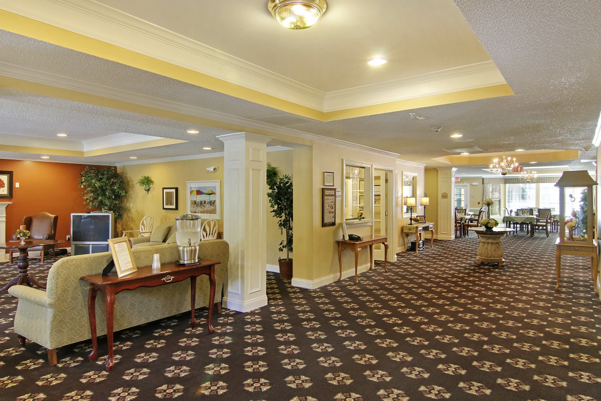 A well-decorated lobby area with comfortable seating and ambient lighting.