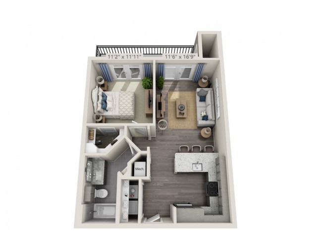 3D floor plan of a one-bedroom apartment with a living room, kitchen, bathroom, and balcony.