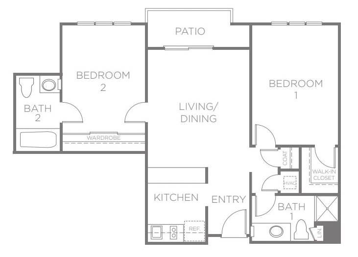Floor plan of a two-bedroom apartment with kitchen, living/dining area, and patio.