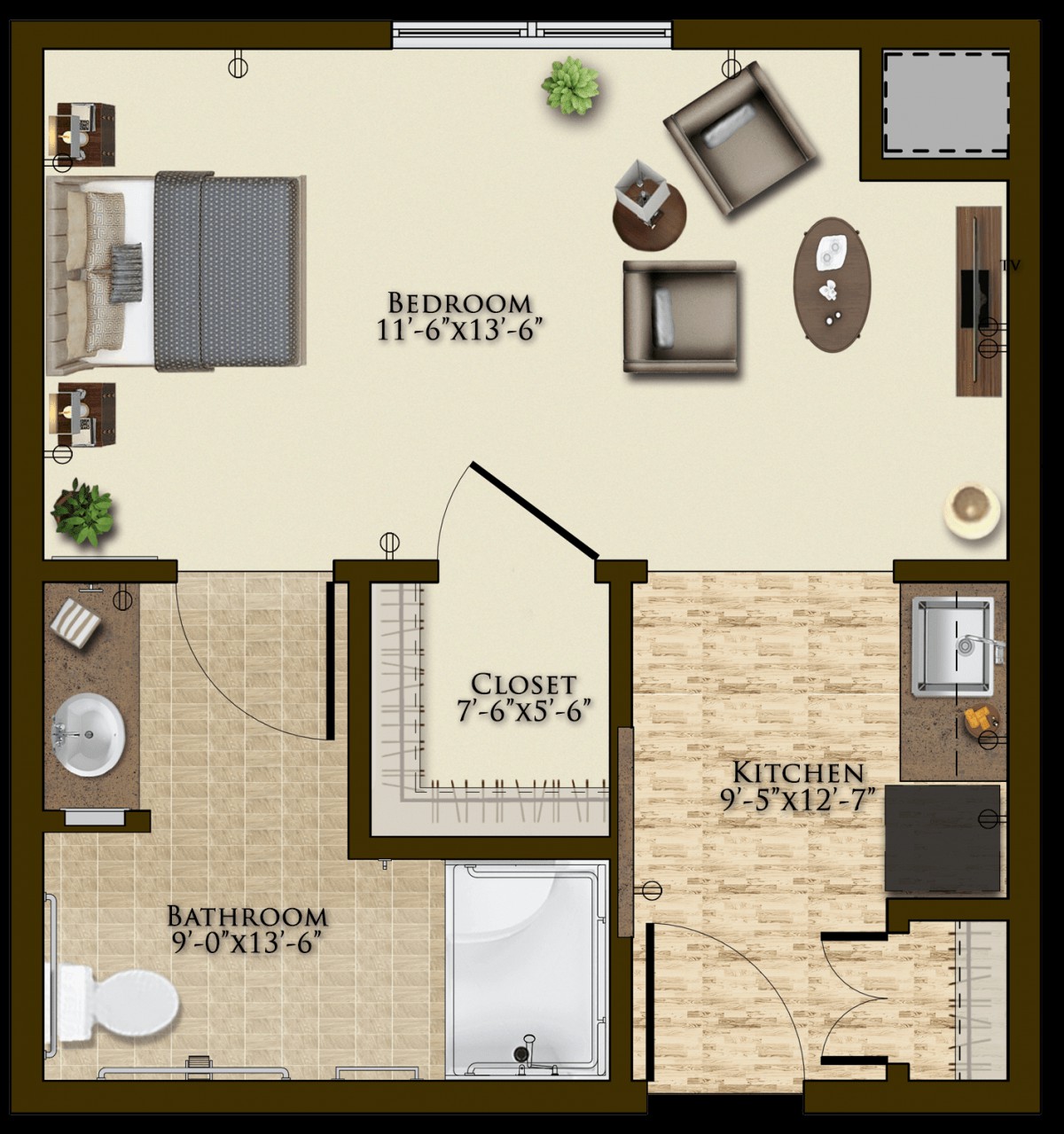 A one-bedroom apartment floor plan featuring a living room, kitchen, bathroom, and closet.