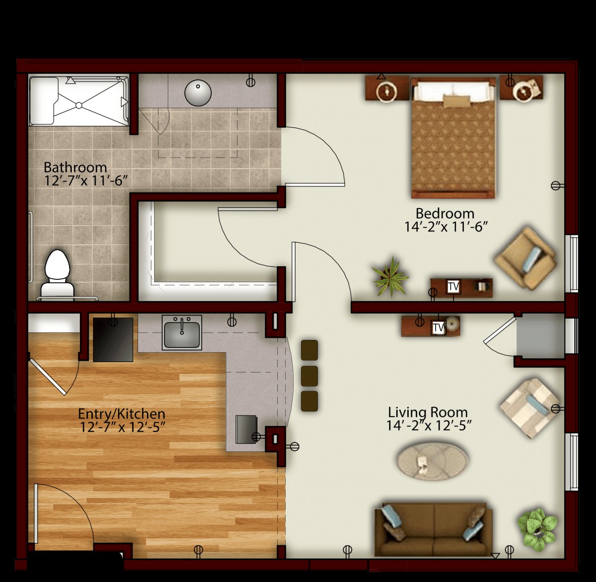 A detailed floor plan of a one-bedroom apartment with designated areas for a kitchen, living room, and bathroom.