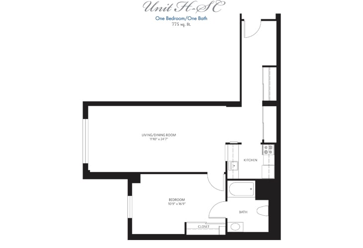 One-bedroom apartment floor plan layout.