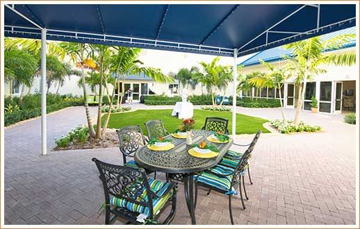 A cozy outdoor patio with a set dining table under a blue umbrella, surrounded by lush tropical greenery.